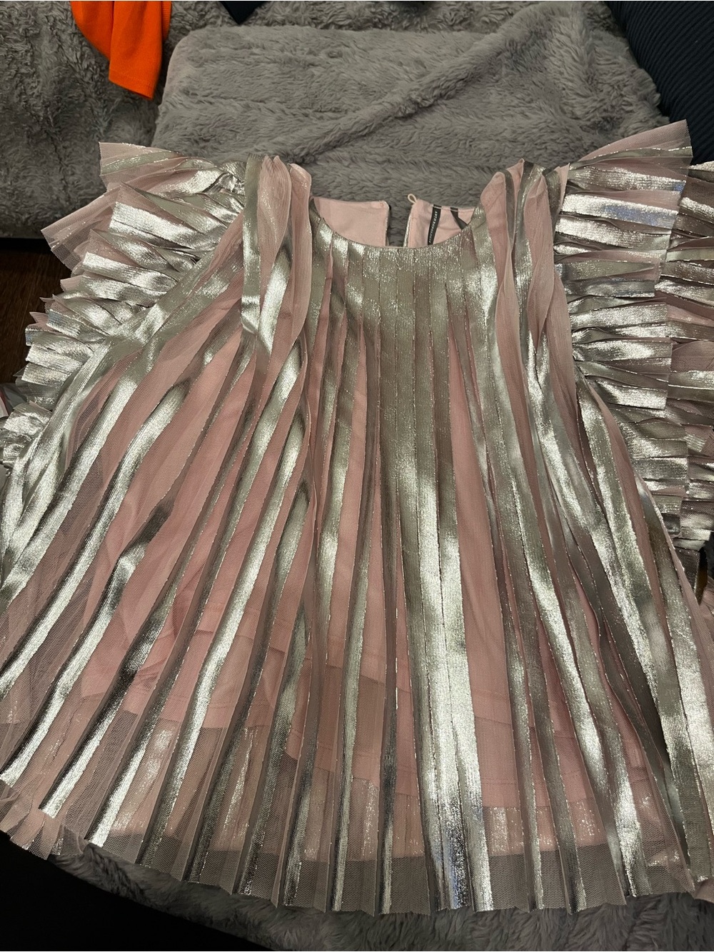 Anthropologie Pink and Metallic Silver Pleated Party Dress